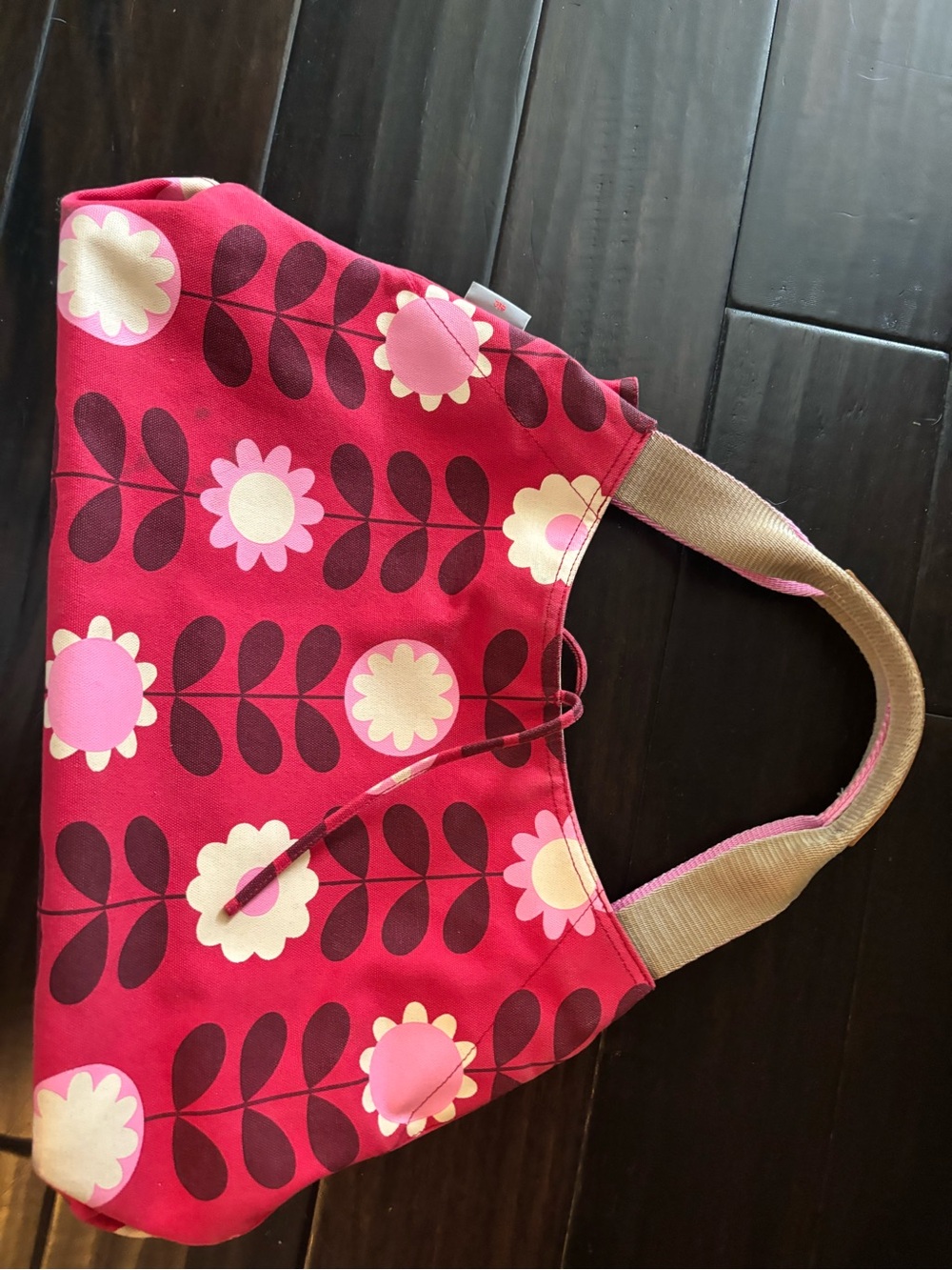 Orla Kiely Pink Floral Canvas Shoulder Bag with Beige Straps